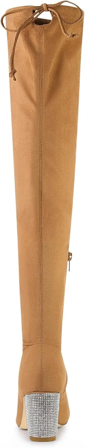 Allegra K Women's Chunky Heels Bling Rhinestone Over the Knee High Boots