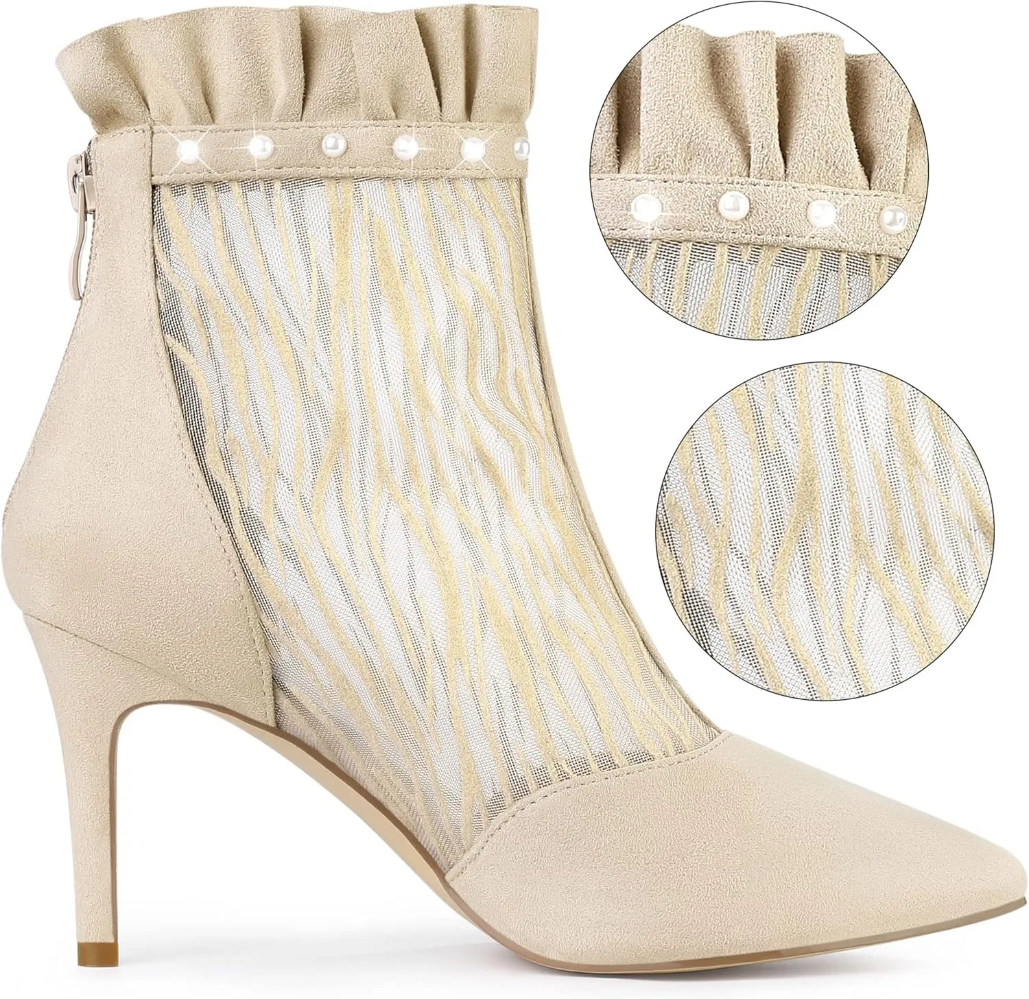 Allegra K Women's Mesh Heel Boots Stiletto Heels Ruffle Ankle Boots