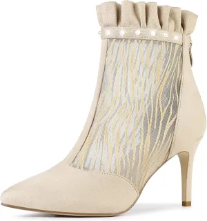 Allegra K Women's Mesh Heel Boots Stiletto Heels Ruffle Ankle Boots
