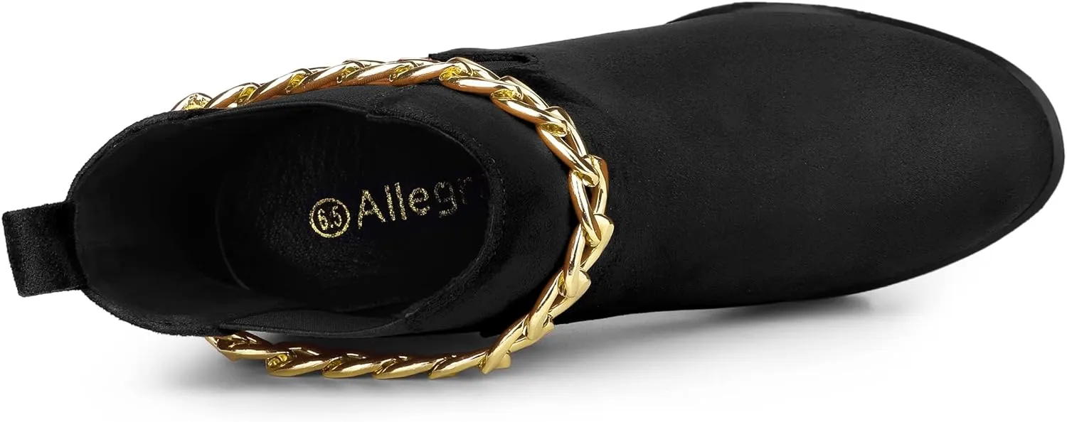 Allegra K Women's Platform Gold Chain Chunky High Heel Chelsea Ankle Boots