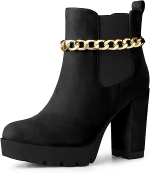 Allegra K Women's Platform Gold Chain Chunky High Heel Chelsea Ankle Boots