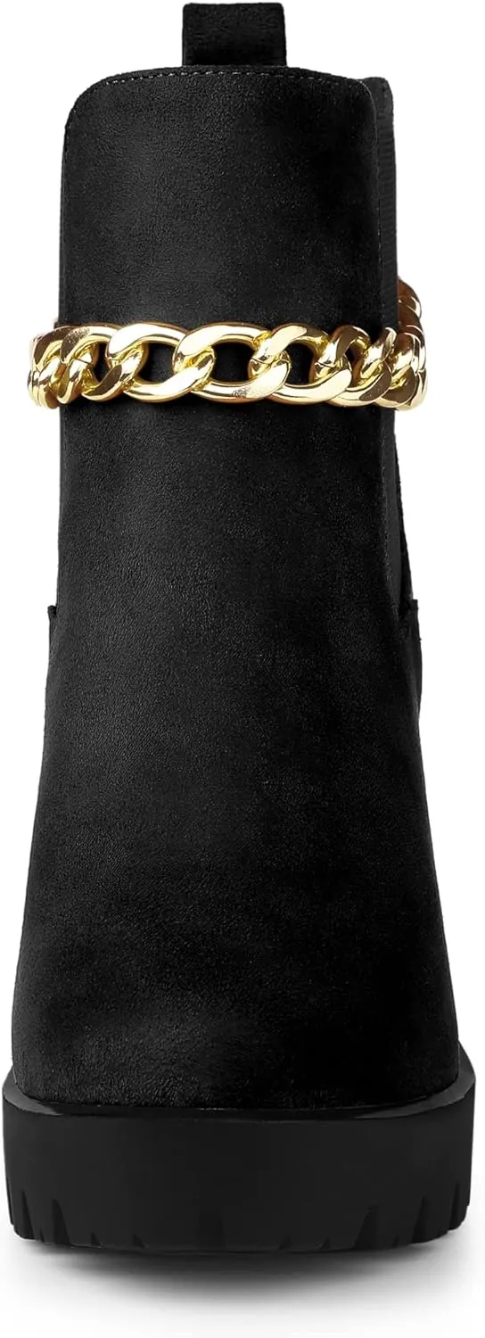 Allegra K Women's Platform Gold Chain Chunky High Heel Chelsea Ankle Boots