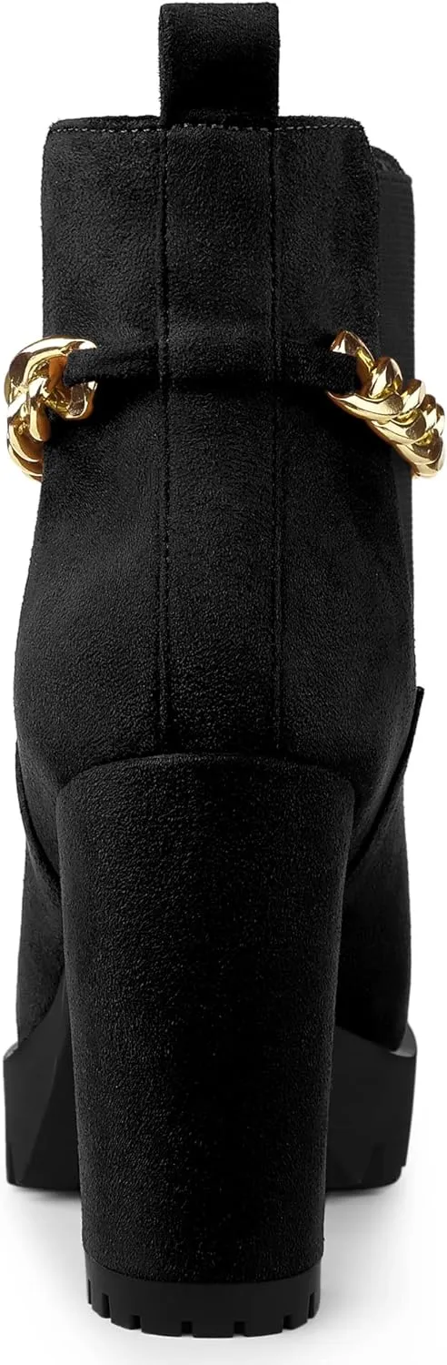 Allegra K Women's Platform Gold Chain Chunky High Heel Chelsea Ankle Boots