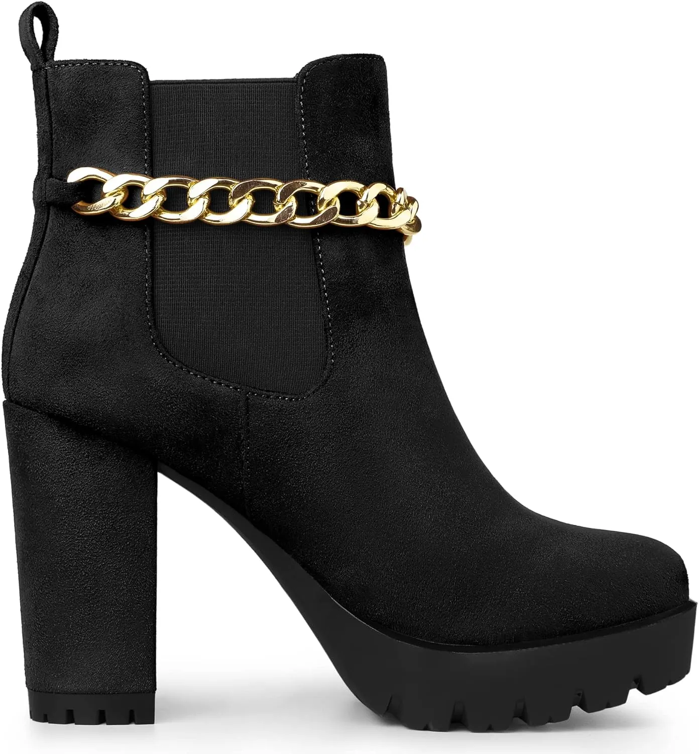 Allegra K Women's Platform Gold Chain Chunky High Heel Chelsea Ankle Boots