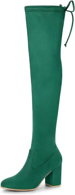 Allegra K Women's Round Toe Chunky Heel Over the Knee High Boots