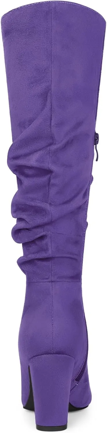 Allegra K Women's Slouch Pointed Toe Chunky Heel Knee High Boots