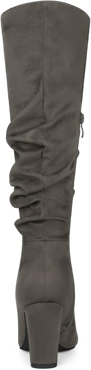 Allegra K Women's Slouch Pointed Toe Chunky Heel Knee High Boots
