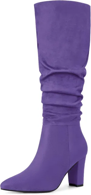 Allegra K Women's Slouch Pointed Toe Chunky Heel Knee High Boots