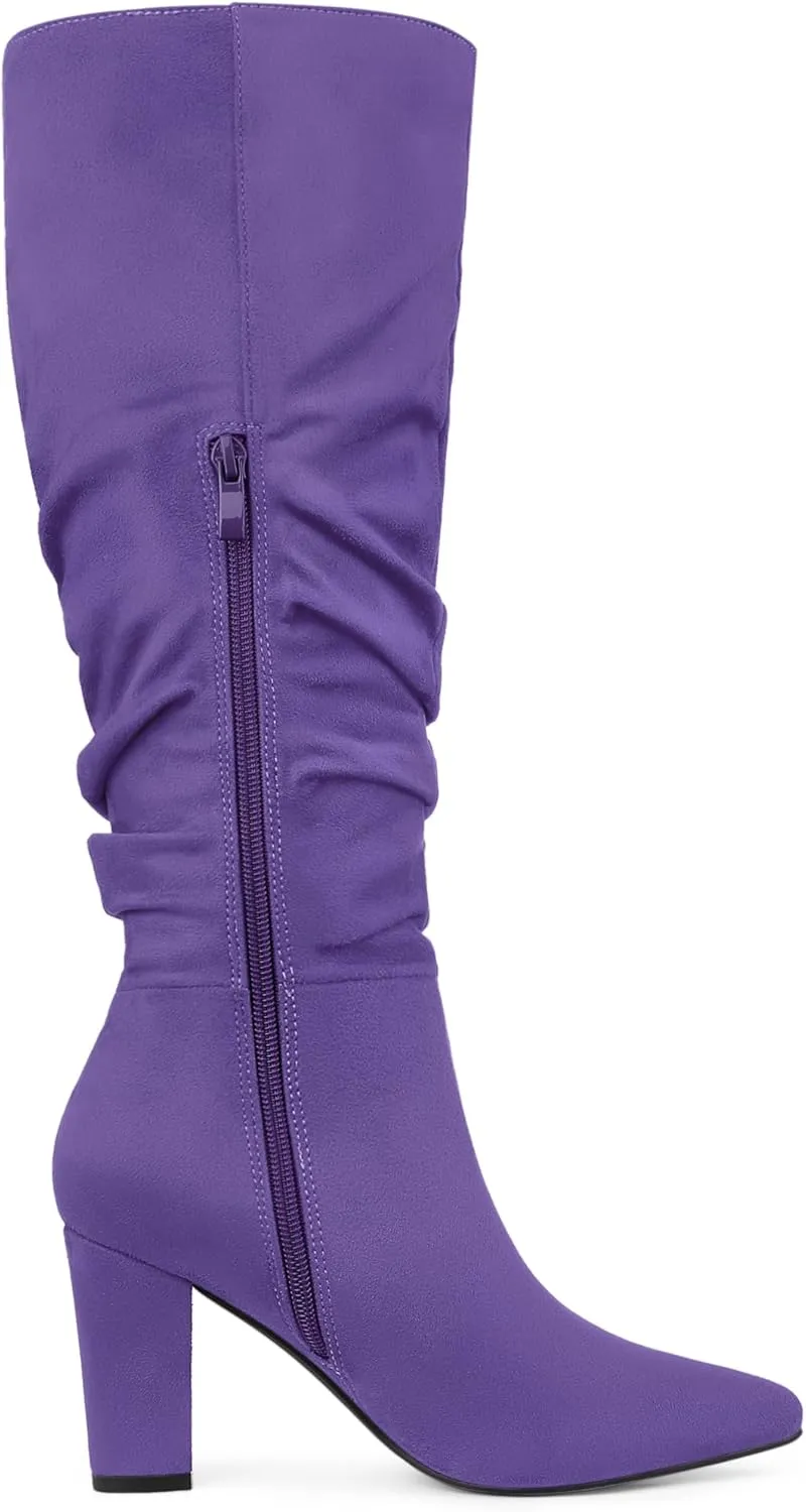 Allegra K Women's Slouch Pointed Toe Chunky Heel Knee High Boots