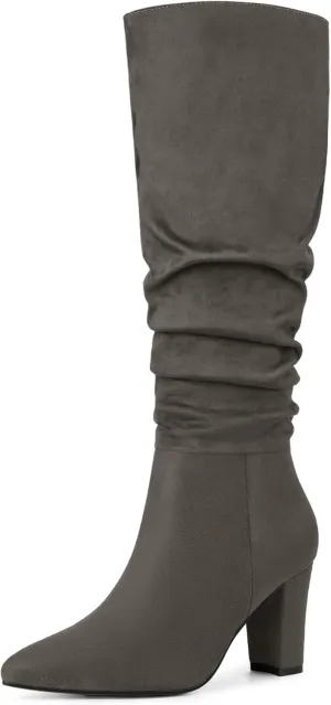 Allegra K Women's Slouch Pointed Toe Chunky Heel Knee High Boots