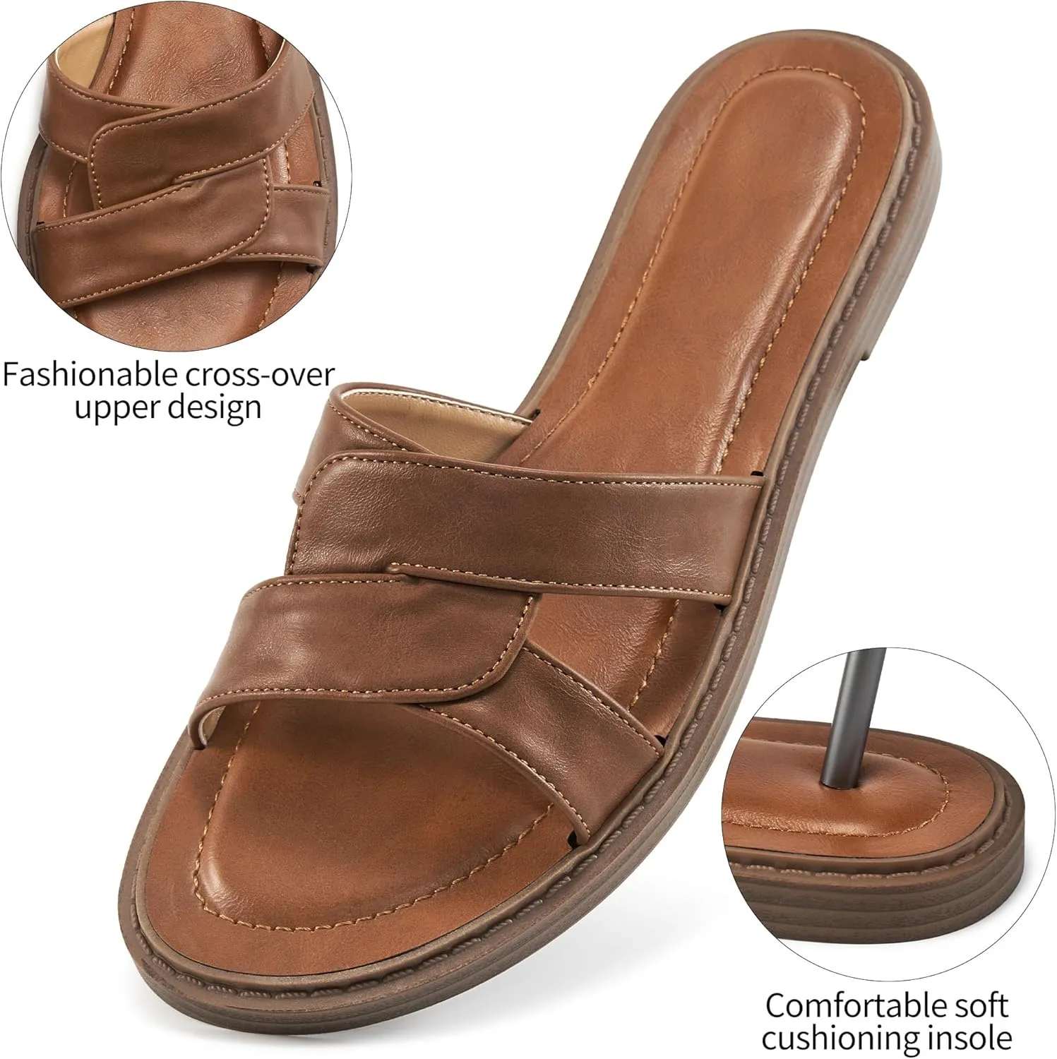 Almusen Slides for Womens Flat Sandals: Comfort Slip On Dressy Summer Beach Flats Fashion Cross Walking Shoes for Daily