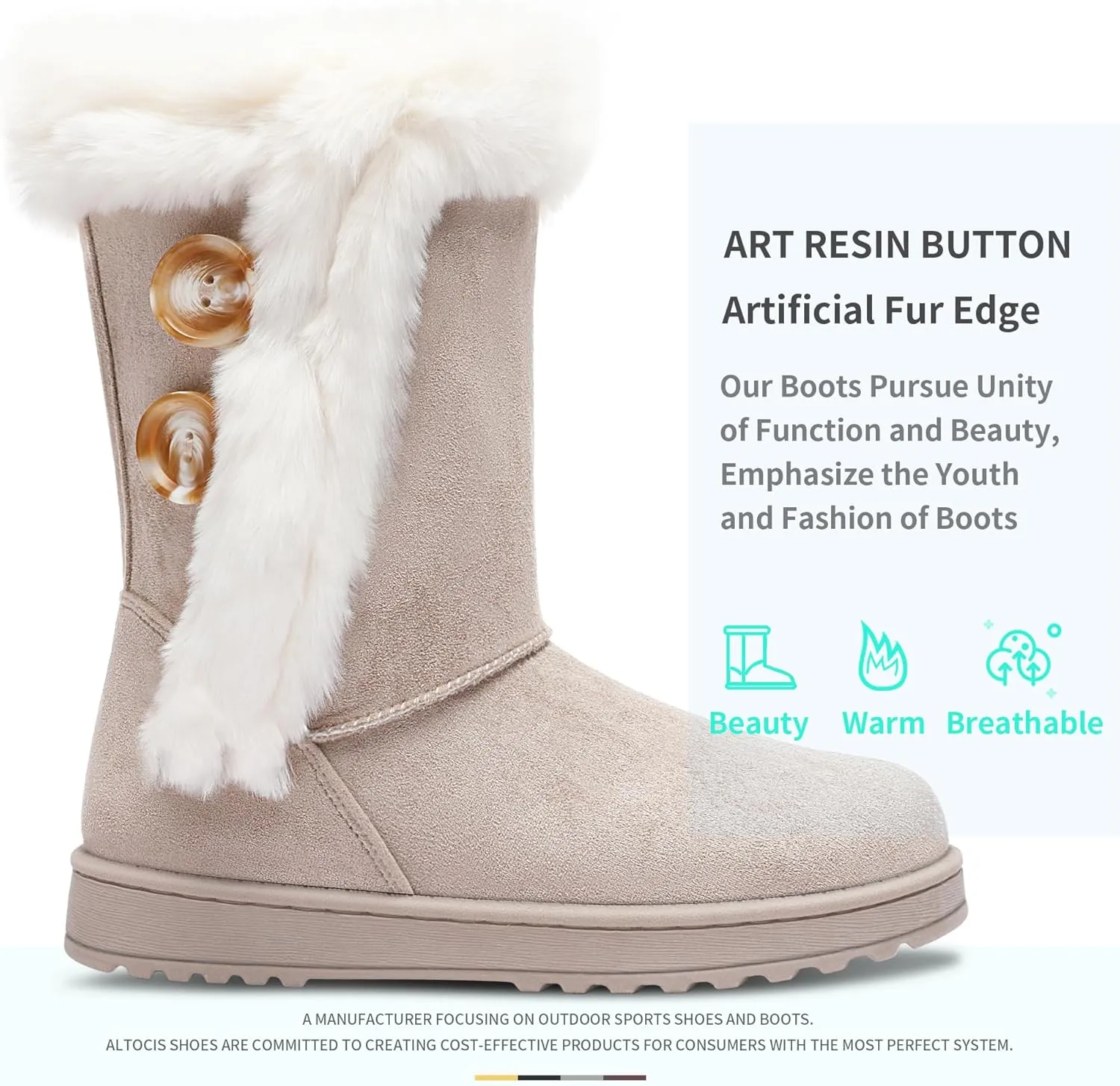 ALTOCIS Women’s Fur Lined Winter Snow Boots Short Mid Calf Fashion Boot Art Resin Button Faux Suede Boots for Women