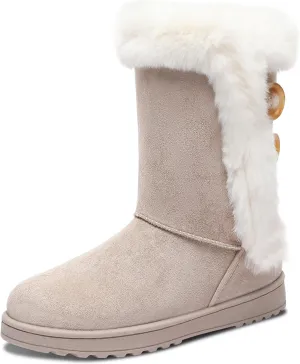 ALTOCIS Women’s Fur Lined Winter Snow Boots Short Mid Calf Fashion Boot Art Resin Button Faux Suede Boots for Women