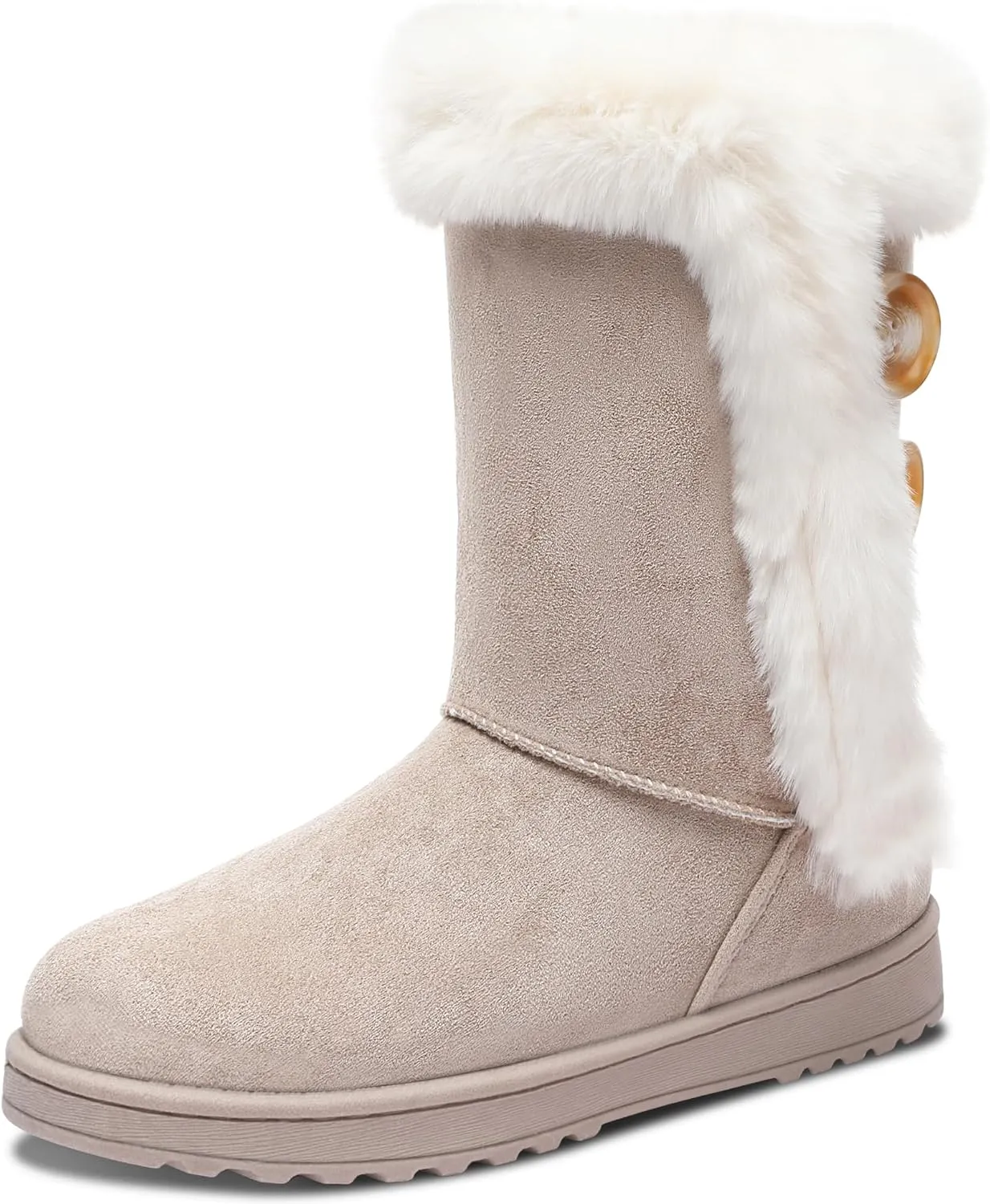 ALTOCIS Women’s Fur Lined Winter Snow Boots Short Mid Calf Fashion Boot Art Resin Button Faux Suede Boots for Women