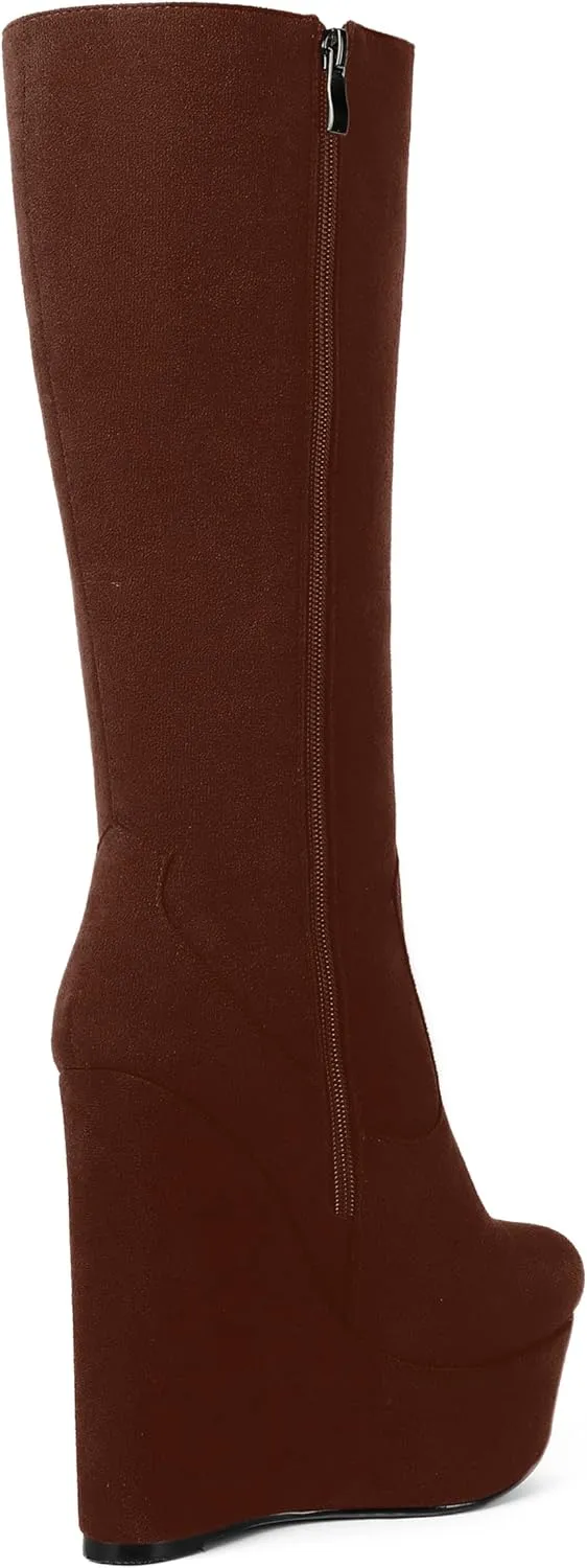 AMBELIGHT Womens Suede Party Platform Knee High Round Toe Zip Fashion Wedge High Heel Mid Calf Boots 6 Inch