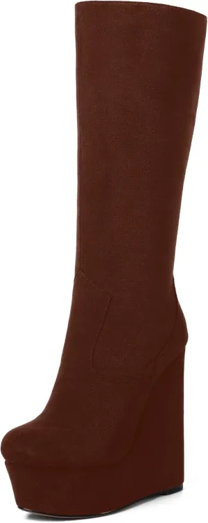 AMBELIGHT Womens Suede Party Platform Knee High Round Toe Zip Fashion Wedge High Heel Mid Calf Boots 6 Inch