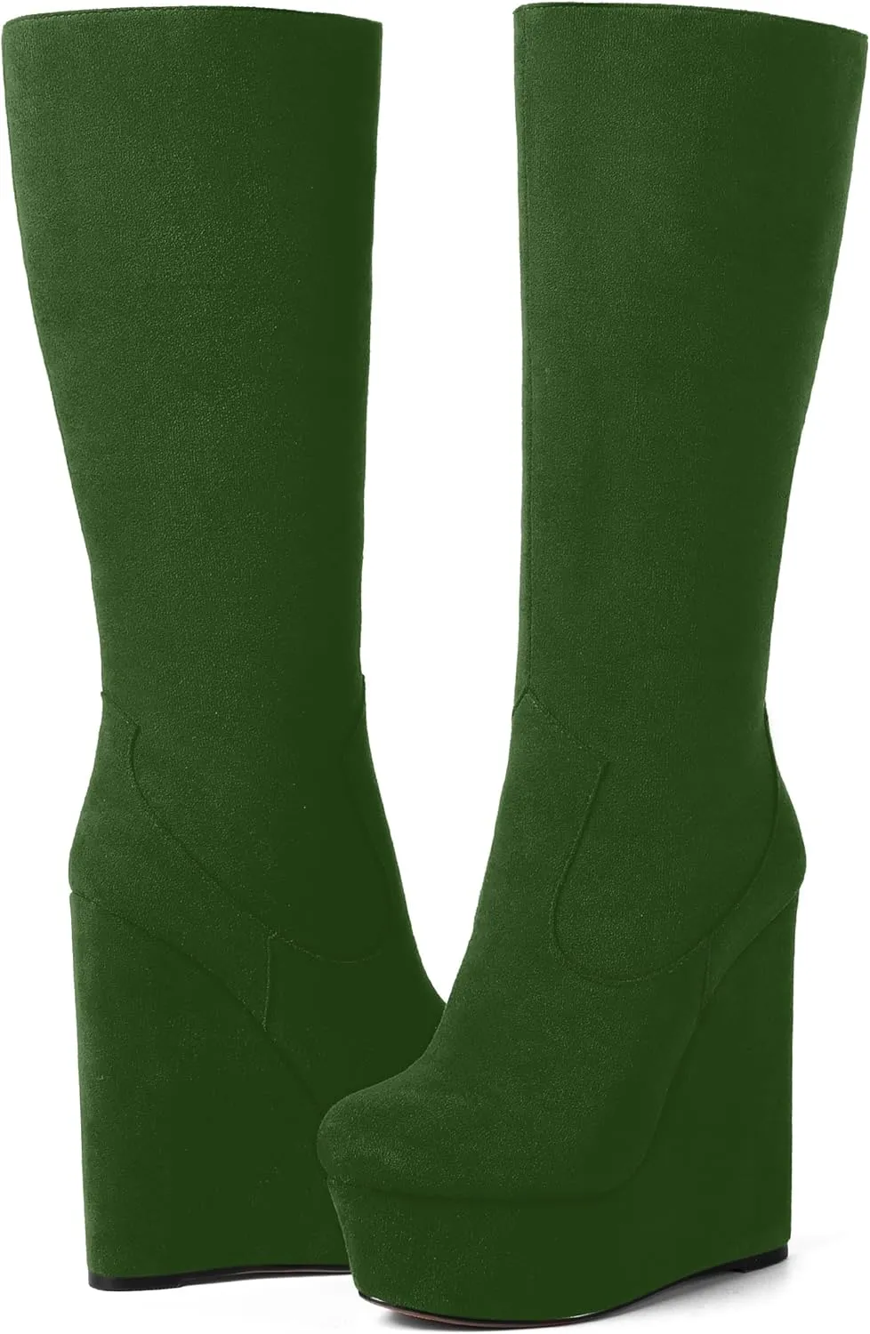 AMBELIGHT Womens Suede Party Platform Knee High Round Toe Zip Fashion Wedge High Heel Mid Calf Boots 6 Inch