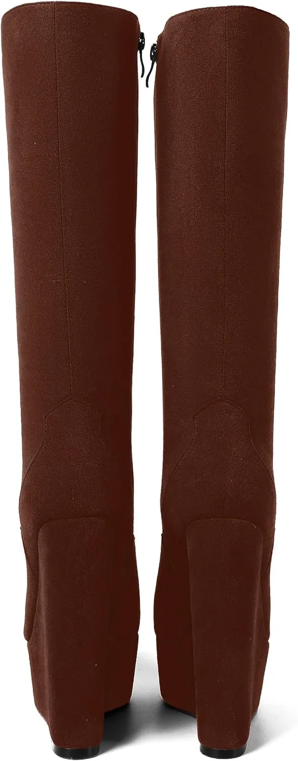 AMBELIGHT Womens Suede Party Platform Knee High Round Toe Zip Fashion Wedge High Heel Mid Calf Boots 6 Inch