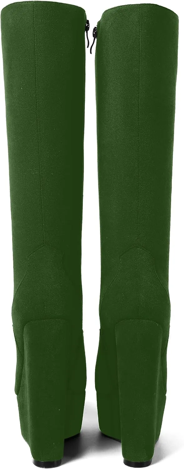 AMBELIGHT Womens Suede Party Platform Knee High Round Toe Zip Fashion Wedge High Heel Mid Calf Boots 6 Inch