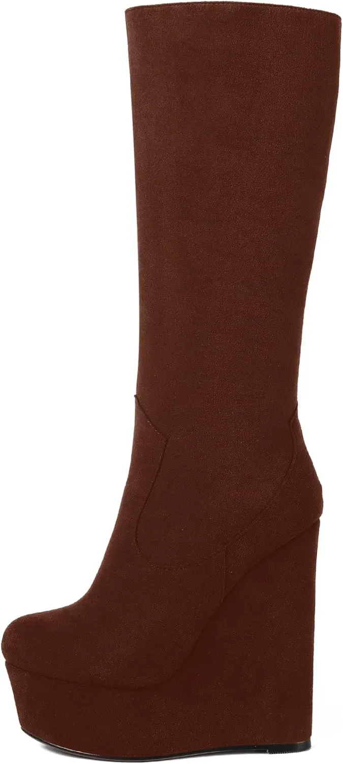 AMBELIGHT Womens Suede Party Platform Knee High Round Toe Zip Fashion Wedge High Heel Mid Calf Boots 6 Inch