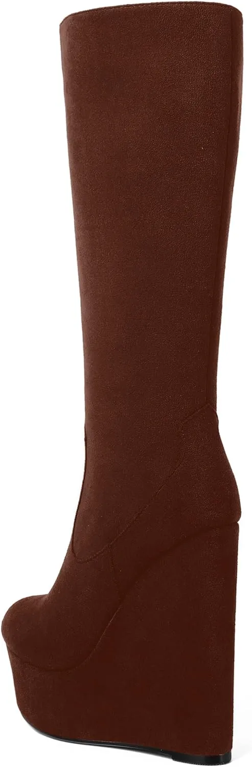 AMBELIGHT Womens Suede Party Platform Knee High Round Toe Zip Fashion Wedge High Heel Mid Calf Boots 6 Inch