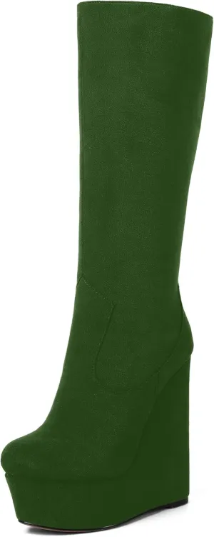 AMBELIGHT Womens Suede Party Platform Knee High Round Toe Zip Fashion Wedge High Heel Mid Calf Boots 6 Inch