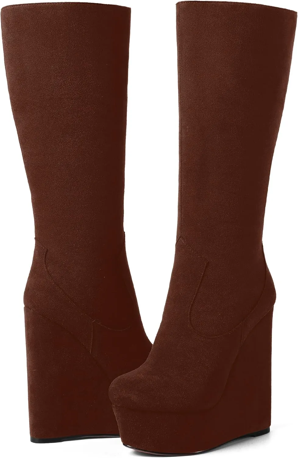 AMBELIGHT Womens Suede Party Platform Knee High Round Toe Zip Fashion Wedge High Heel Mid Calf Boots 6 Inch