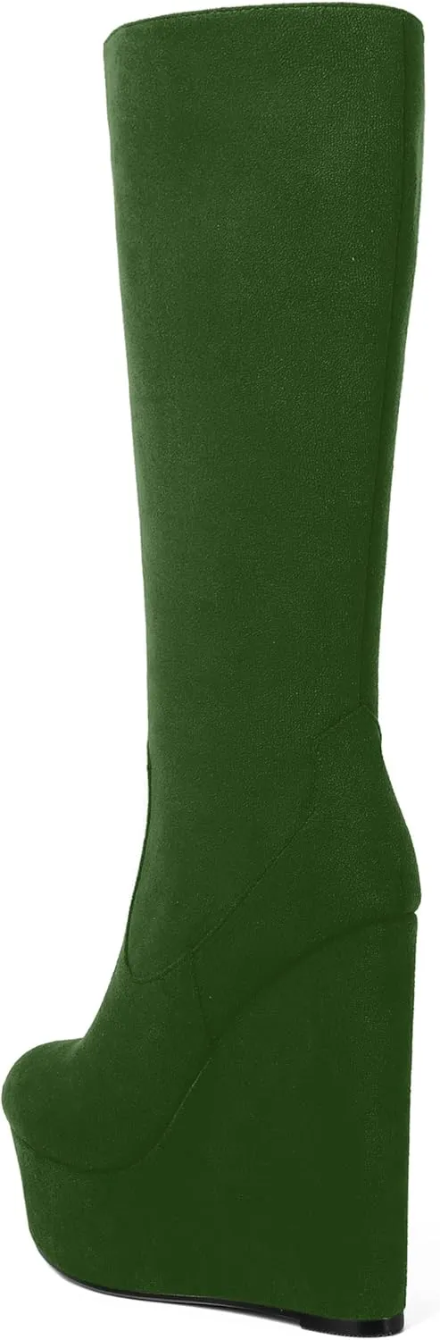 AMBELIGHT Womens Suede Party Platform Knee High Round Toe Zip Fashion Wedge High Heel Mid Calf Boots 6 Inch