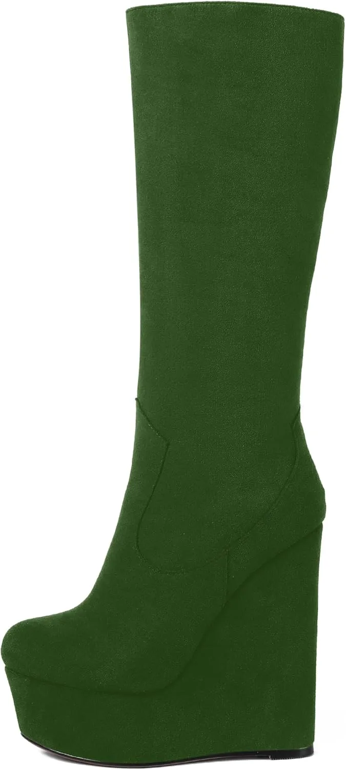 AMBELIGHT Womens Suede Party Platform Knee High Round Toe Zip Fashion Wedge High Heel Mid Calf Boots 6 Inch