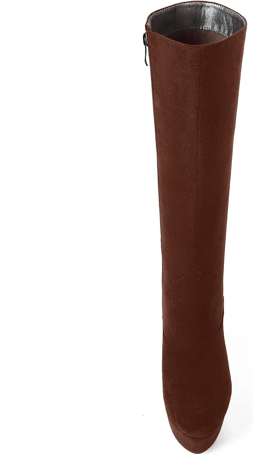AMBELIGHT Womens Suede Party Platform Knee High Round Toe Zip Fashion Wedge High Heel Mid Calf Boots 6 Inch