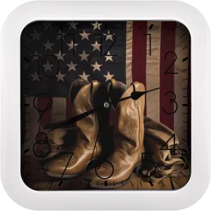 American Flag with Cowboy Boots Square Wall Clock Quiet 10.2 Inch Quartz Battery Operated Easy to Read Home Office Kitchen Clock Classic Movement