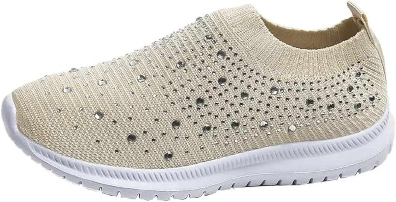 AngryMonkey Women's Rhinestones Mesh Sport Slip-on Shoes,Non Slip Good Arch Breathable Lightweight Casual Sock Sneaker Nurse Shoes