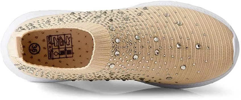 AngryMonkey Women's Rhinestones Mesh Sport Slip-on Shoes,Non Slip Good Arch Breathable Lightweight Casual Sock Sneaker Nurse Shoes
