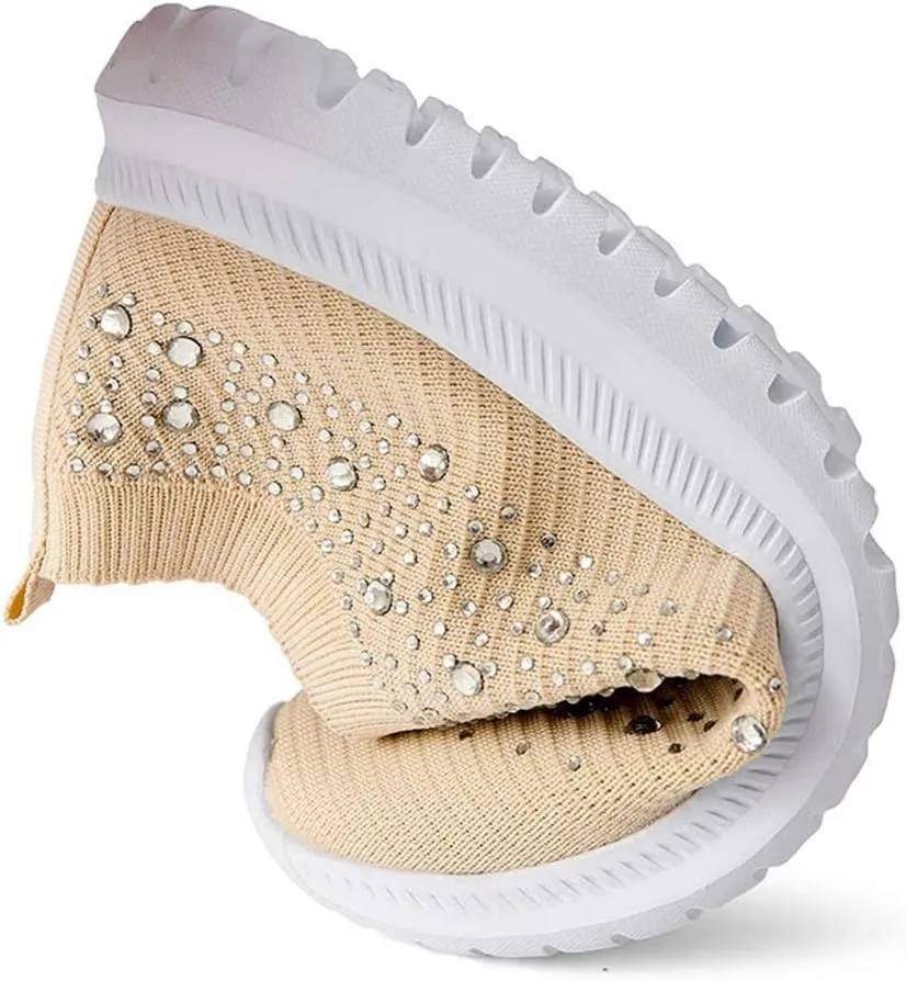 AngryMonkey Women's Rhinestones Mesh Sport Slip-on Shoes,Non Slip Good Arch Breathable Lightweight Casual Sock Sneaker Nurse Shoes