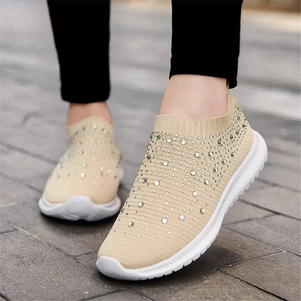 AngryMonkey Women's Rhinestones Mesh Sport Slip-on Shoes,Non Slip Good Arch Breathable Lightweight Casual Sock Sneaker Nurse Shoes