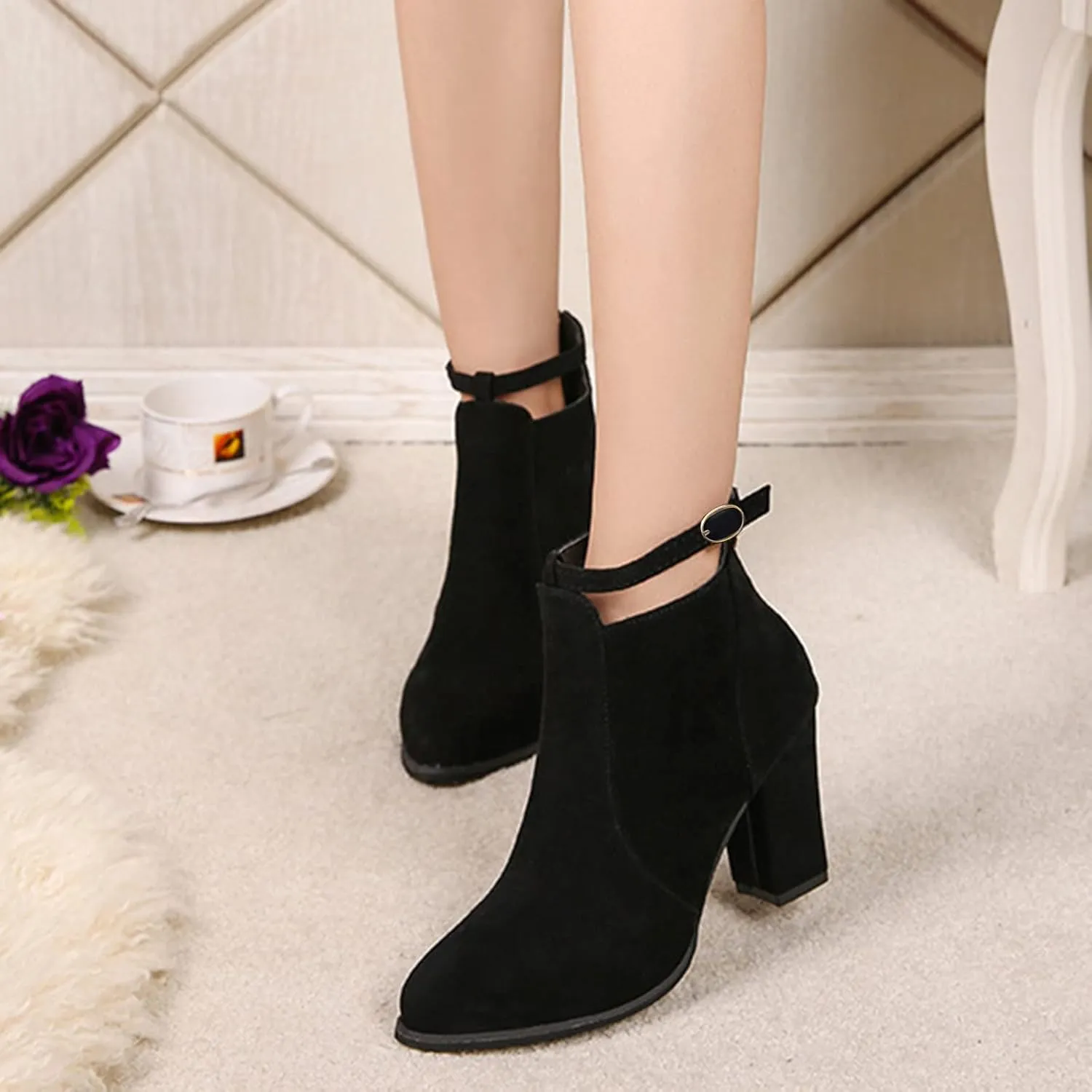 Ankle Booties for Women Chunky High Heel Pointed Toe Sexy Dress Boots Slip On Back Zipper Winter Suede Shoes