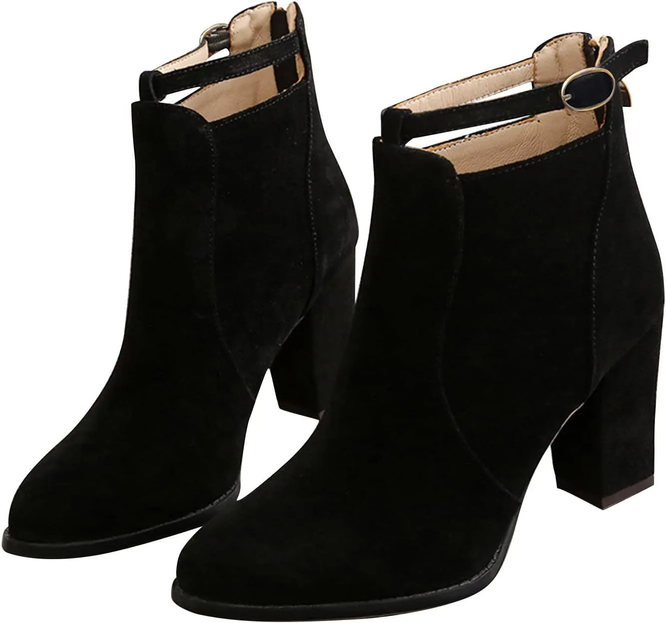 Ankle Booties for Women Chunky High Heel Pointed Toe Sexy Dress Boots Slip On Back Zipper Winter Suede Shoes
