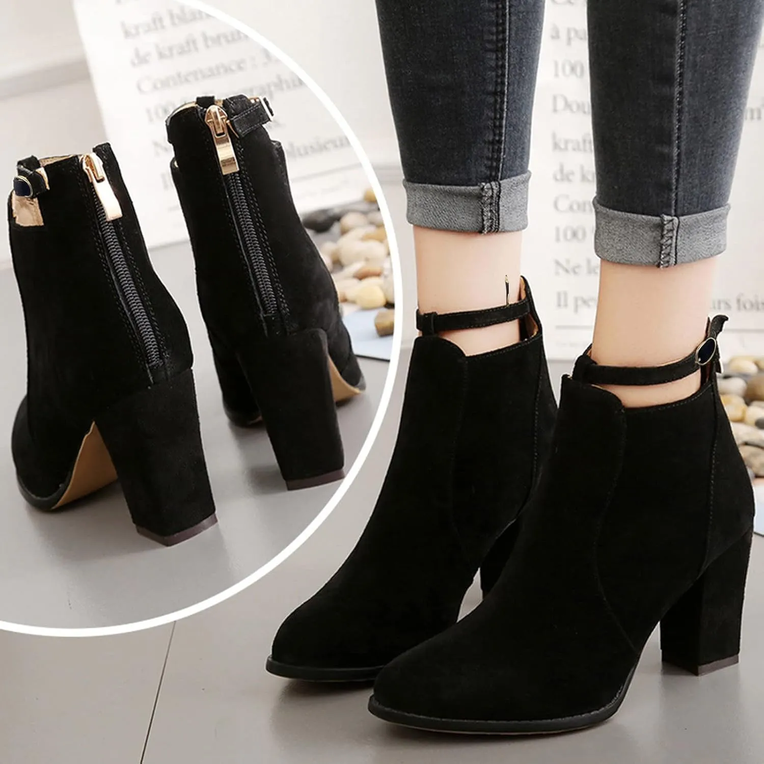 Ankle Booties for Women Chunky High Heel Pointed Toe Sexy Dress Boots Slip On Back Zipper Winter Suede Shoes