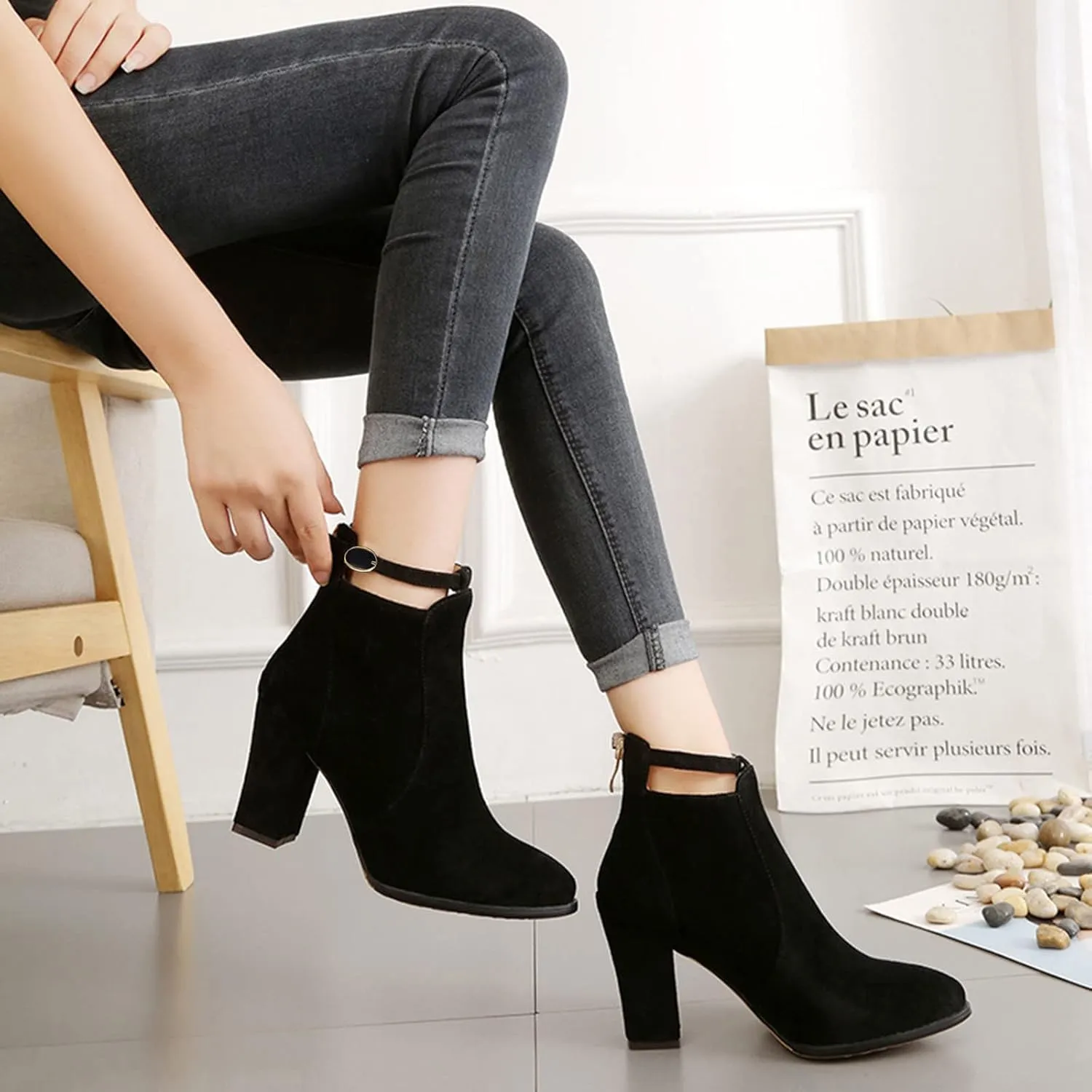 Ankle Booties for Women Chunky High Heel Pointed Toe Sexy Dress Boots Slip On Back Zipper Winter Suede Shoes