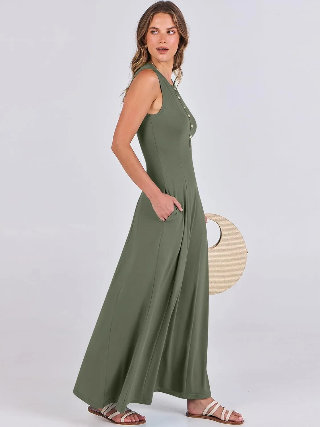 ANRABESS Women Summer Casual Sleeveless Maxi Sundress Button Fit & Flare A-Line Flowy Long Dresses 2025 Beach Outfits
