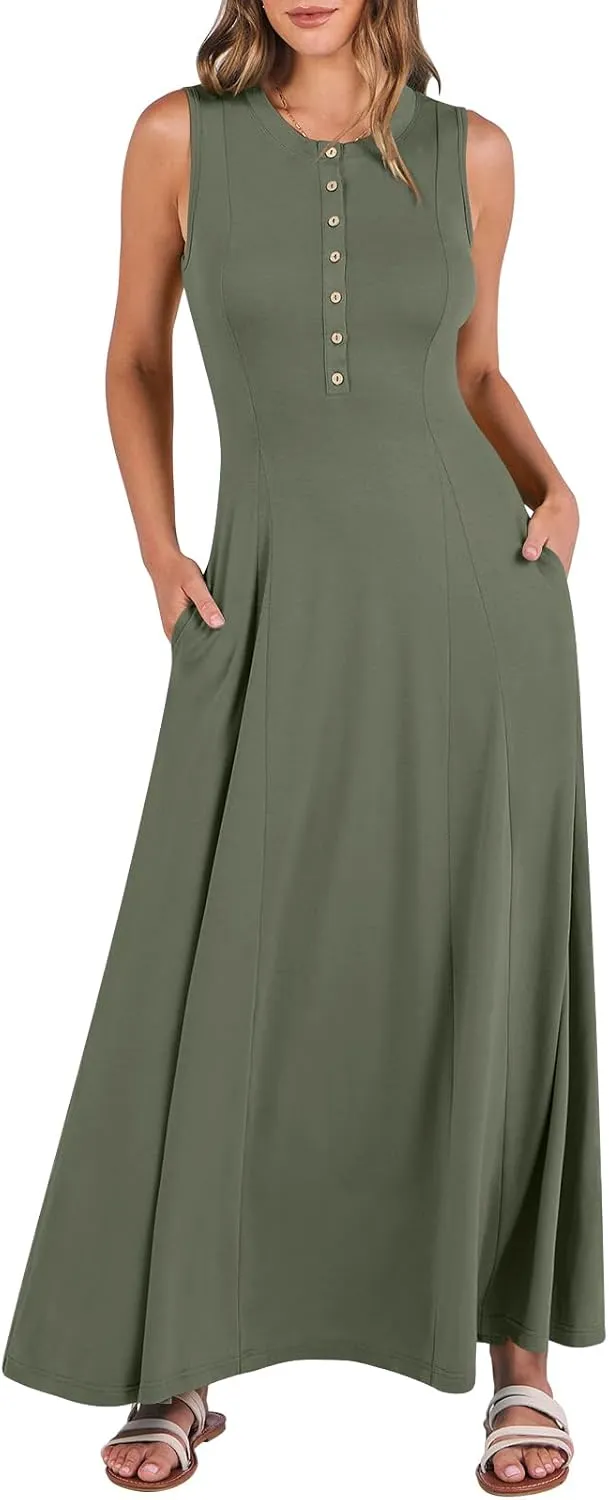 ANRABESS Women Summer Casual Sleeveless Maxi Sundress Button Fit & Flare A-Line Flowy Long Dresses 2025 Beach Outfits