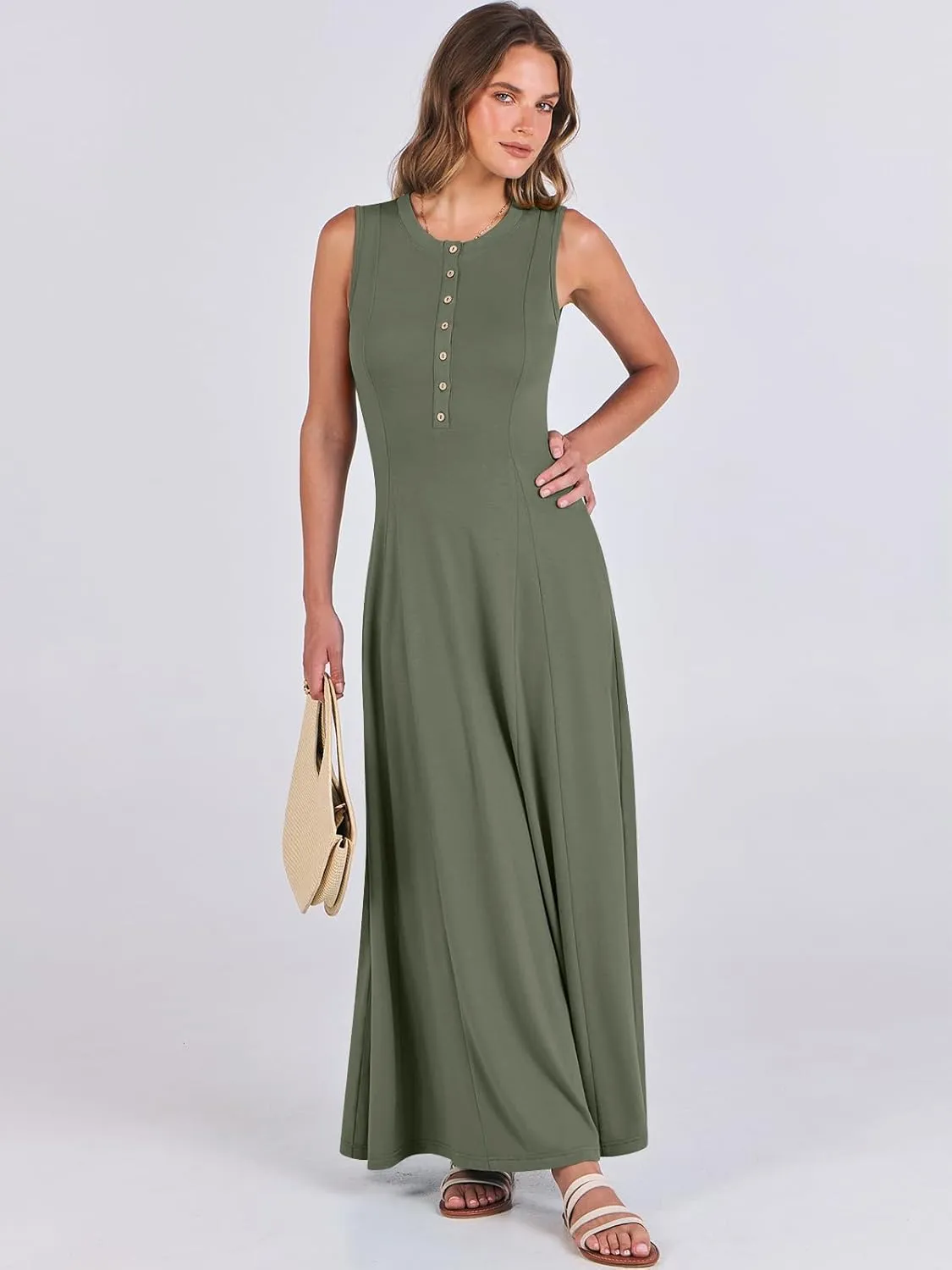 ANRABESS Women Summer Casual Sleeveless Maxi Sundress Button Fit & Flare A-Line Flowy Long Dresses 2025 Beach Outfits