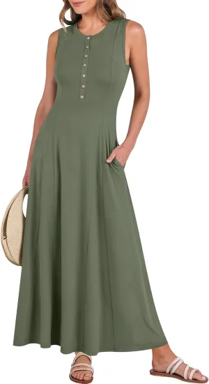 ANRABESS Women Summer Casual Sleeveless Maxi Sundress Button Fit & Flare A-Line Flowy Long Dresses 2025 Beach Outfits