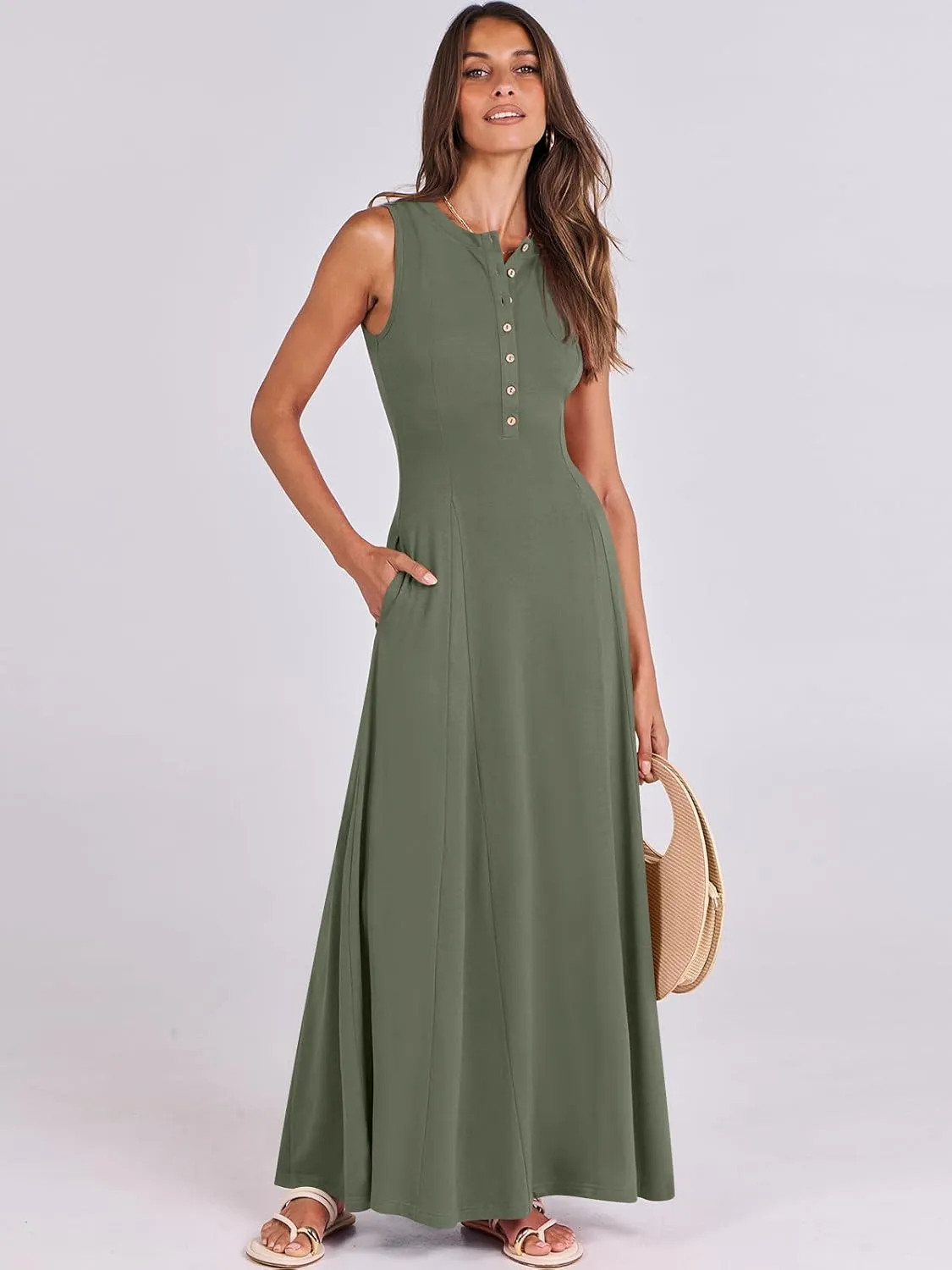 ANRABESS Women Summer Casual Sleeveless Maxi Sundress Button Fit & Flare A-Line Flowy Long Dresses 2025 Beach Outfits