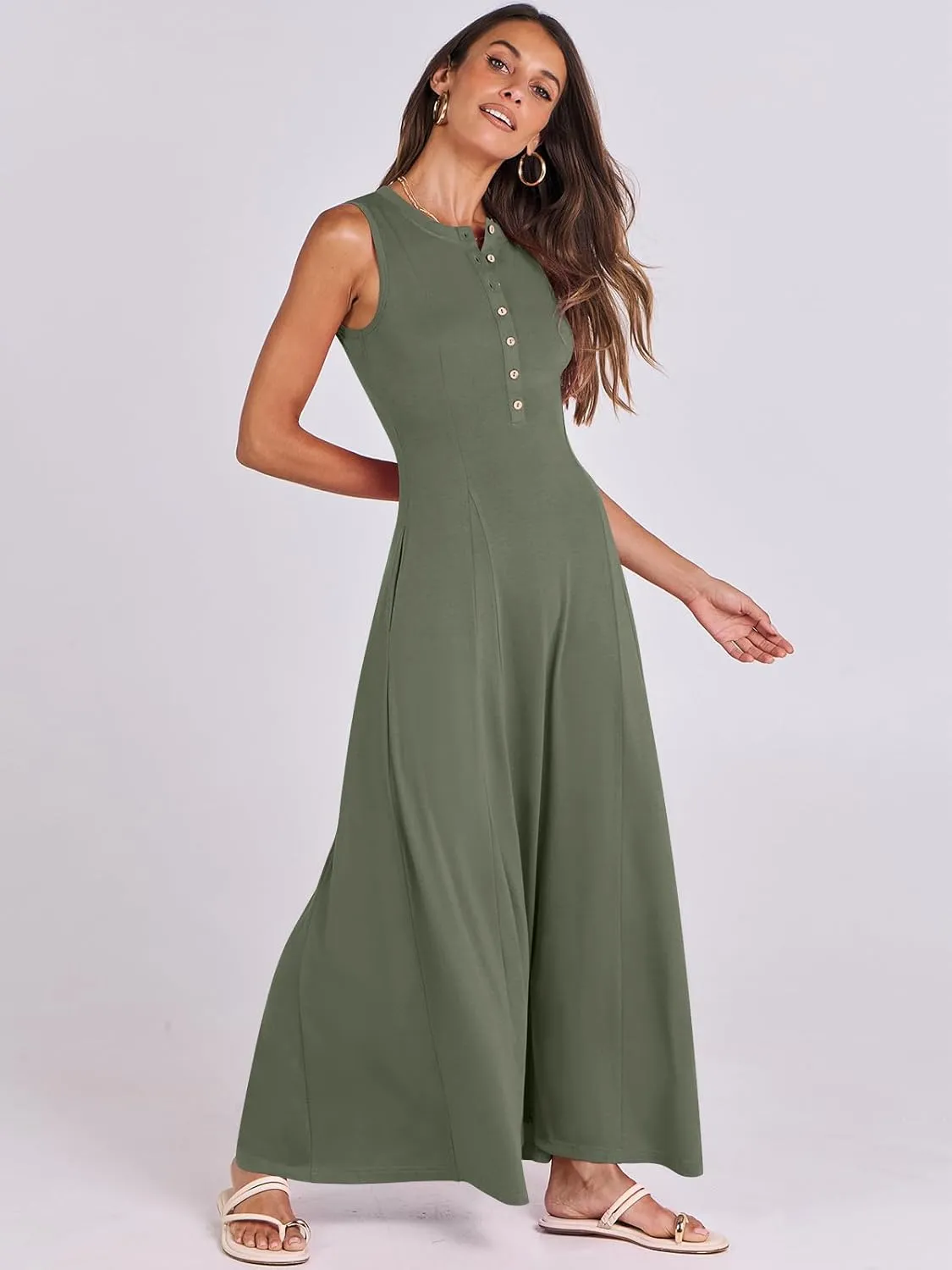 ANRABESS Women Summer Casual Sleeveless Maxi Sundress Button Fit & Flare A-Line Flowy Long Dresses 2025 Beach Outfits
