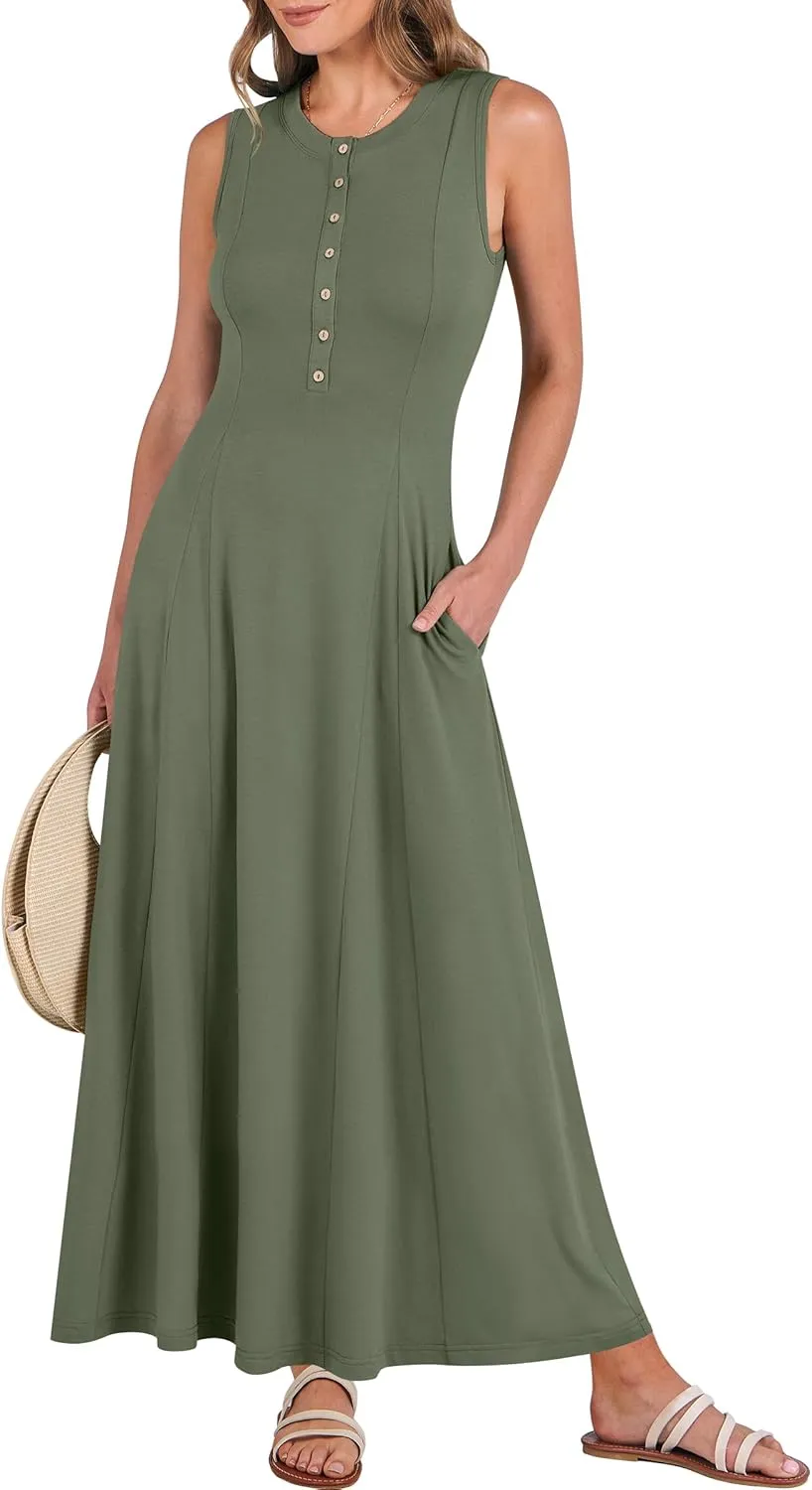 ANRABESS Women Summer Casual Sleeveless Maxi Sundress Button Fit & Flare A-Line Flowy Long Dresses 2025 Beach Outfits