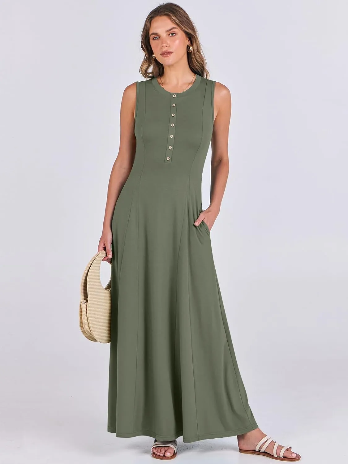 ANRABESS Women Summer Casual Sleeveless Maxi Sundress Button Fit & Flare A-Line Flowy Long Dresses 2025 Beach Outfits