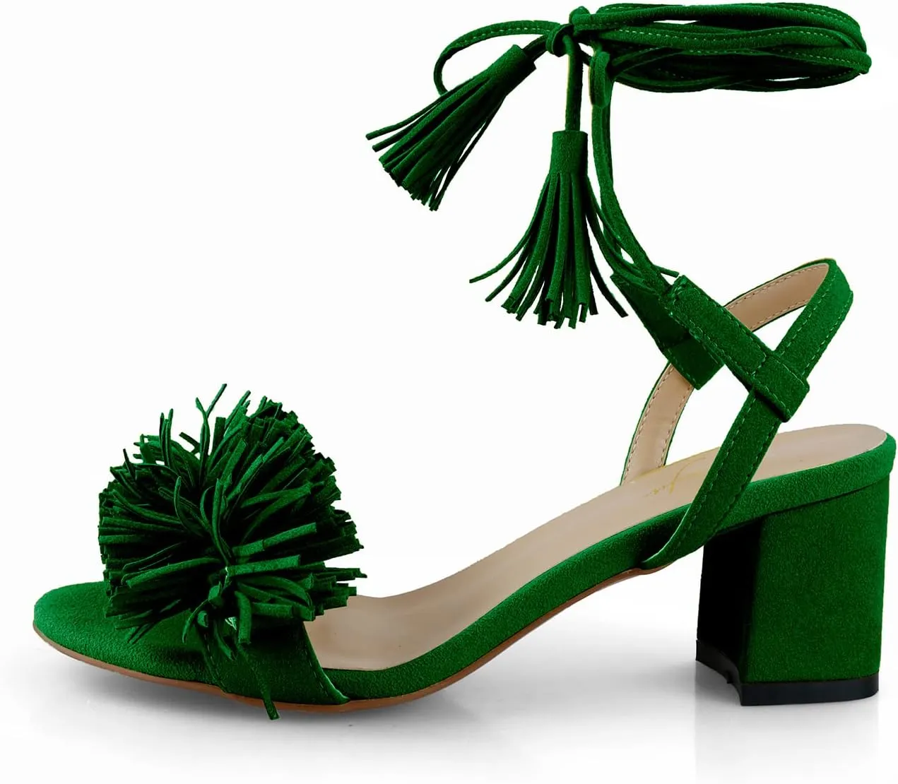 anteikira Women Fashion High Heels Lace Up Summer Shoes Open Round Toe Tassel Chunky Ankle Straps Party Date Shopping Sandals