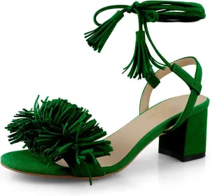 anteikira Women Fashion High Heels Lace Up Summer Shoes Open Round Toe Tassel Chunky Ankle Straps Party Date Shopping Sandals