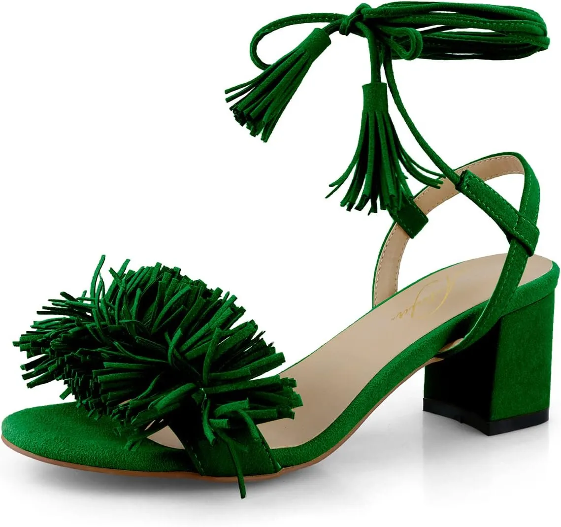anteikira Women Fashion High Heels Lace Up Summer Shoes Open Round Toe Tassel Chunky Ankle Straps Party Date Shopping Sandals